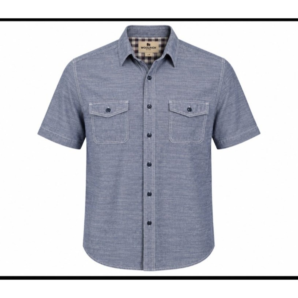 Woolrich Mens XL Blue Chambray Short Sleeve Button Down Shirt Cotton Workwear